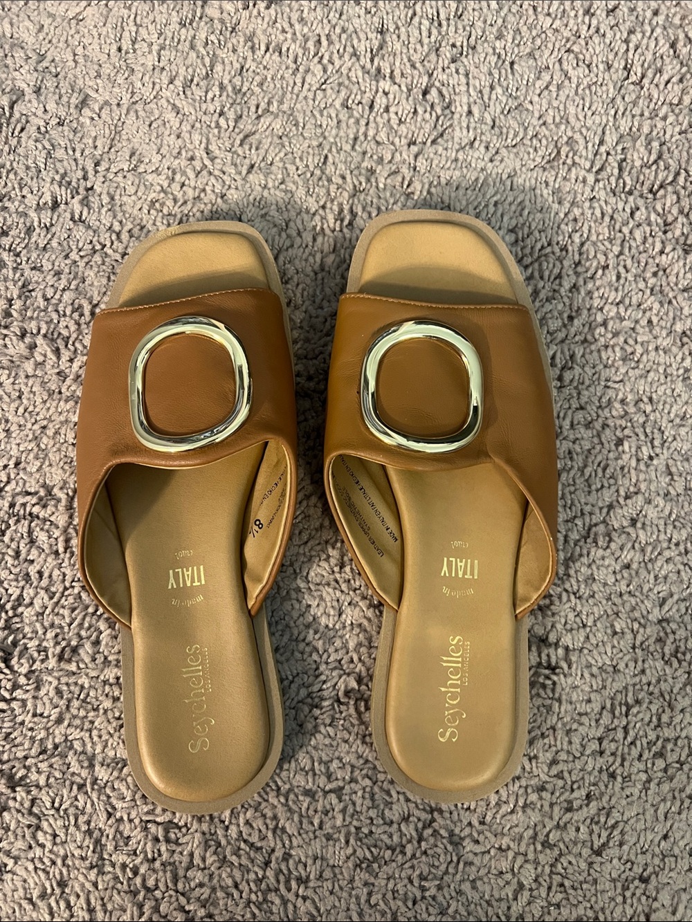 Seychelles Cognac Leather Slide Sandals with Gold Ring